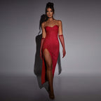 Stitching Slim-fit Shiny Split Suspender Dress Aclosy