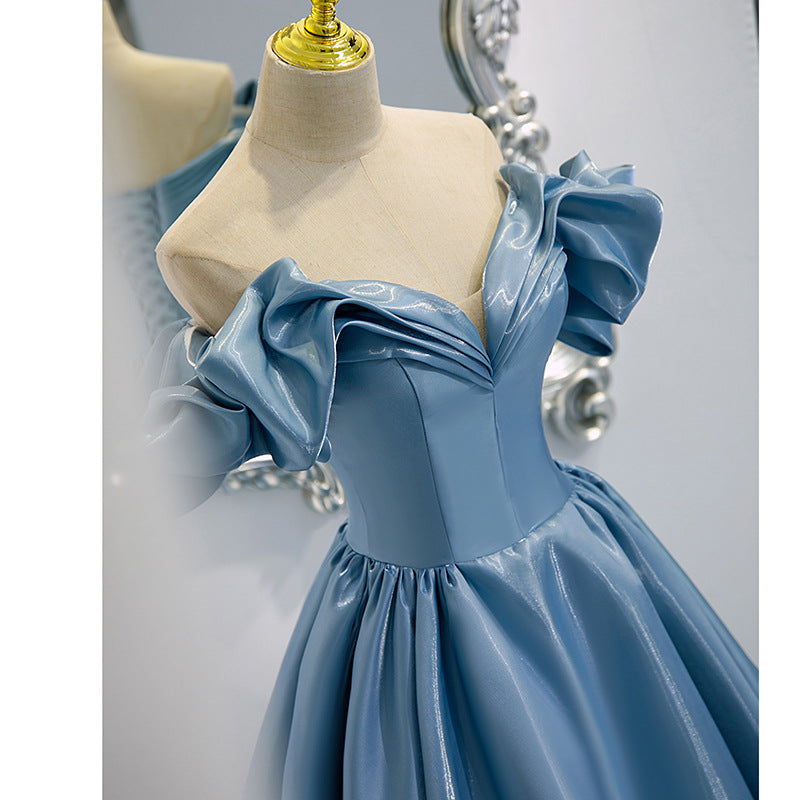 Women's Blue Satin Long French One-shoulder Costume Aclosy