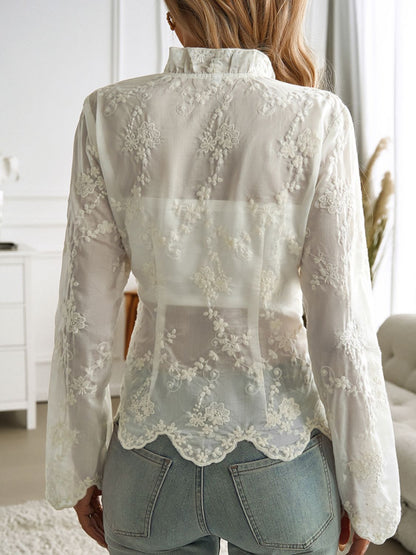 Devine Tied Frill V-Neck Long Sleeve Lace Top Trendsi