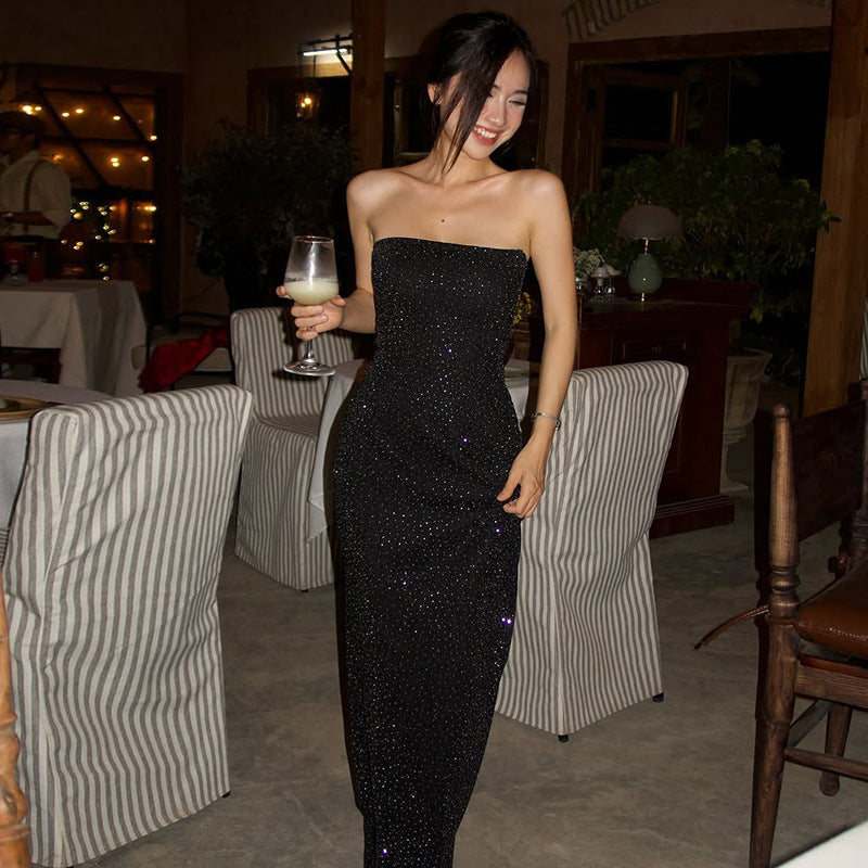 Women's Rhinestone-embellished Strapless Elegant Dress aclosy