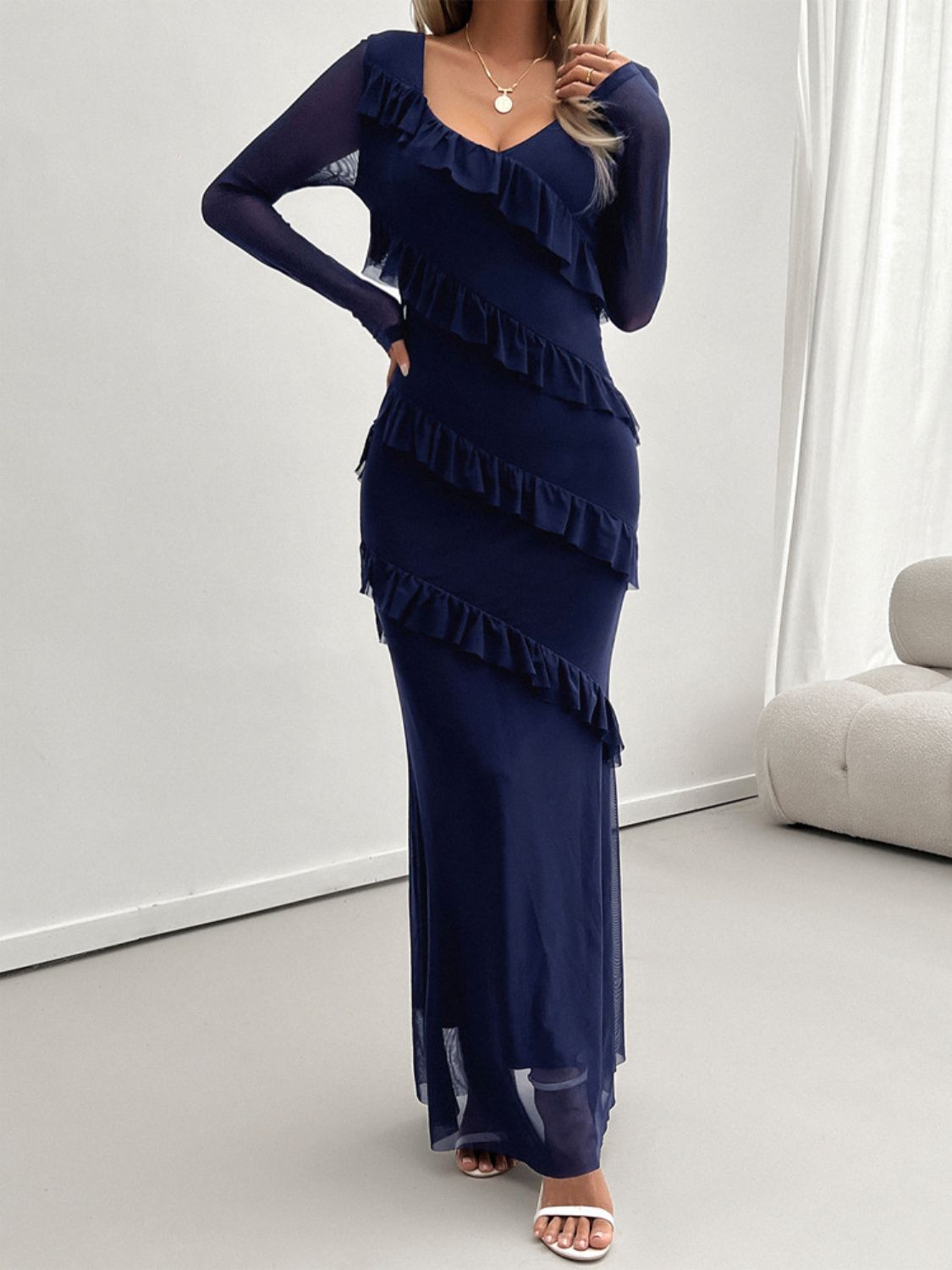 Devine Ruffled Surplice Long Sleeve Maxi Dress Trendsi