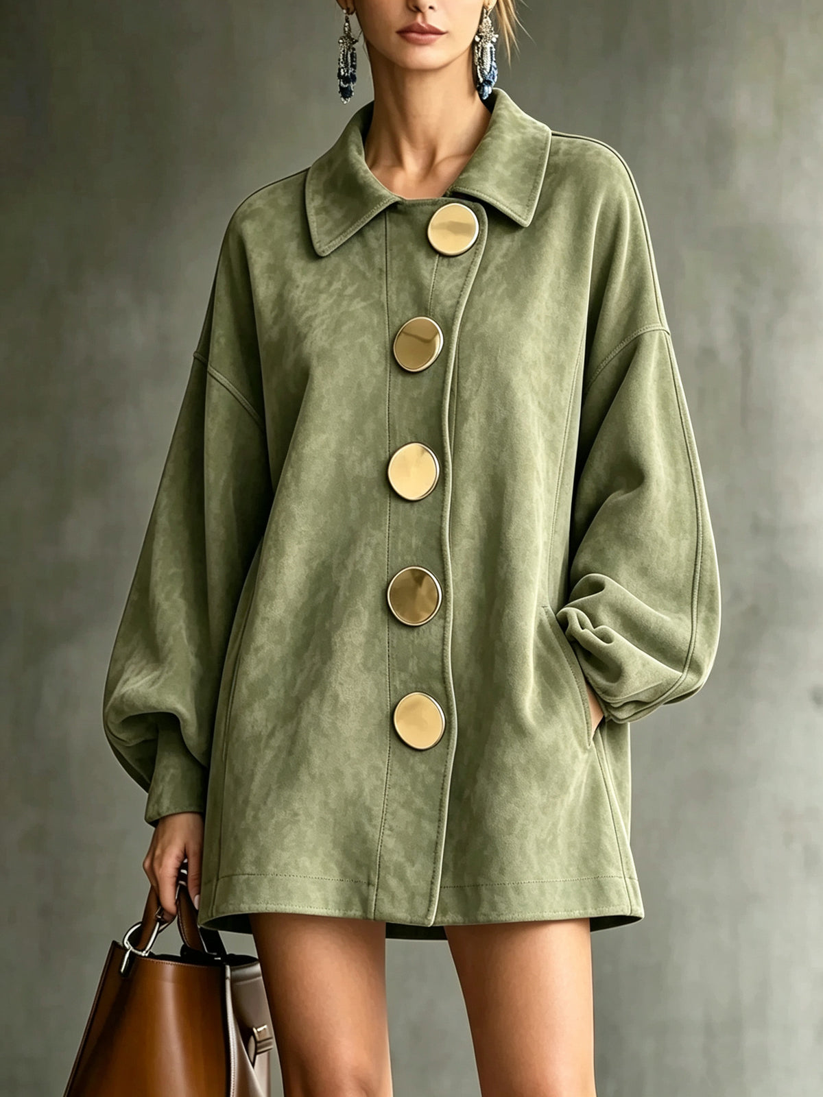 margot oversized faux suede jacket dress in sage green - pocket view