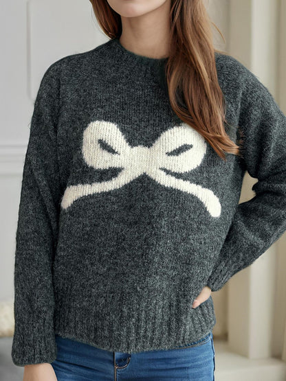 Bow Round Neck Long Sleeve Sweater Trendsi