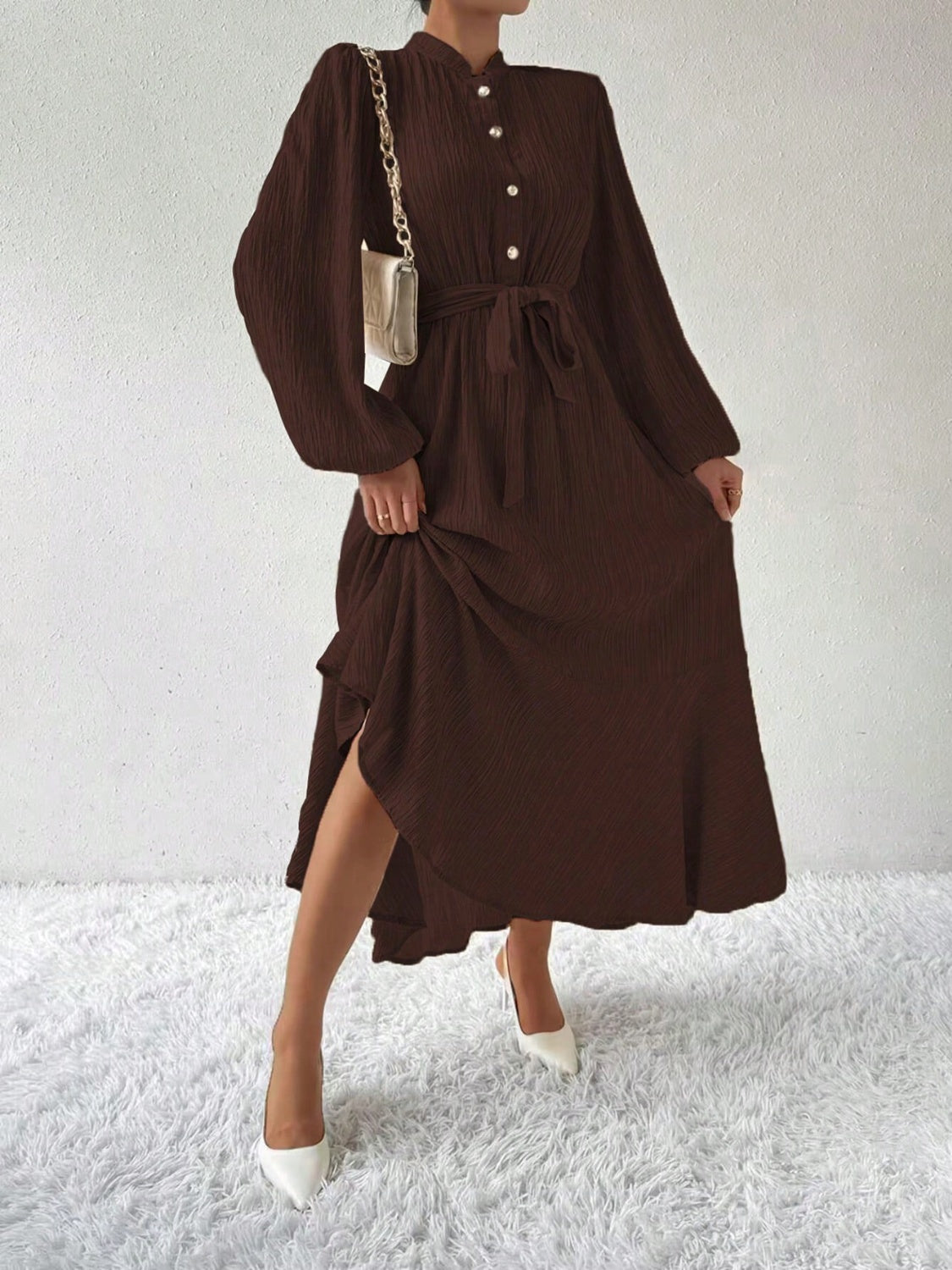 Half Button Tie Waist Long Sleeve Maxi Dress Trendsi