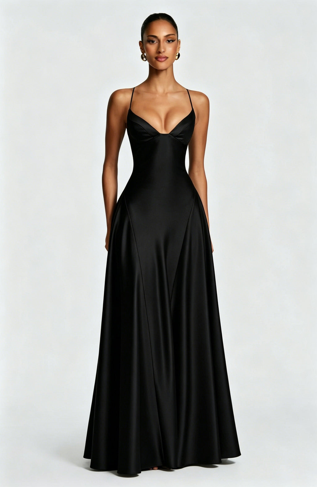 Alana Satin Cinched-Waist Maxi Evening Gown-Black