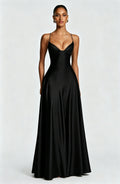 Alana Satin Cinched-Waist Maxi Evening Gown-Black