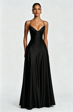 Alana Satin Cinched-Waist Maxi Evening Gown-Black