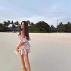 Color Printed Off-the-neck Stacked Ruffled Waist Dress #aclosyESL