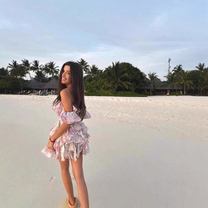 Color Printed Off-the-neck Stacked Ruffled Waist Dress #aclosyESL