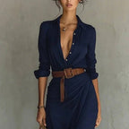 Women Long Sleeve Ruched Elegant Maxi Dress Button Down Shirt Long Dress With Belts Aclosy