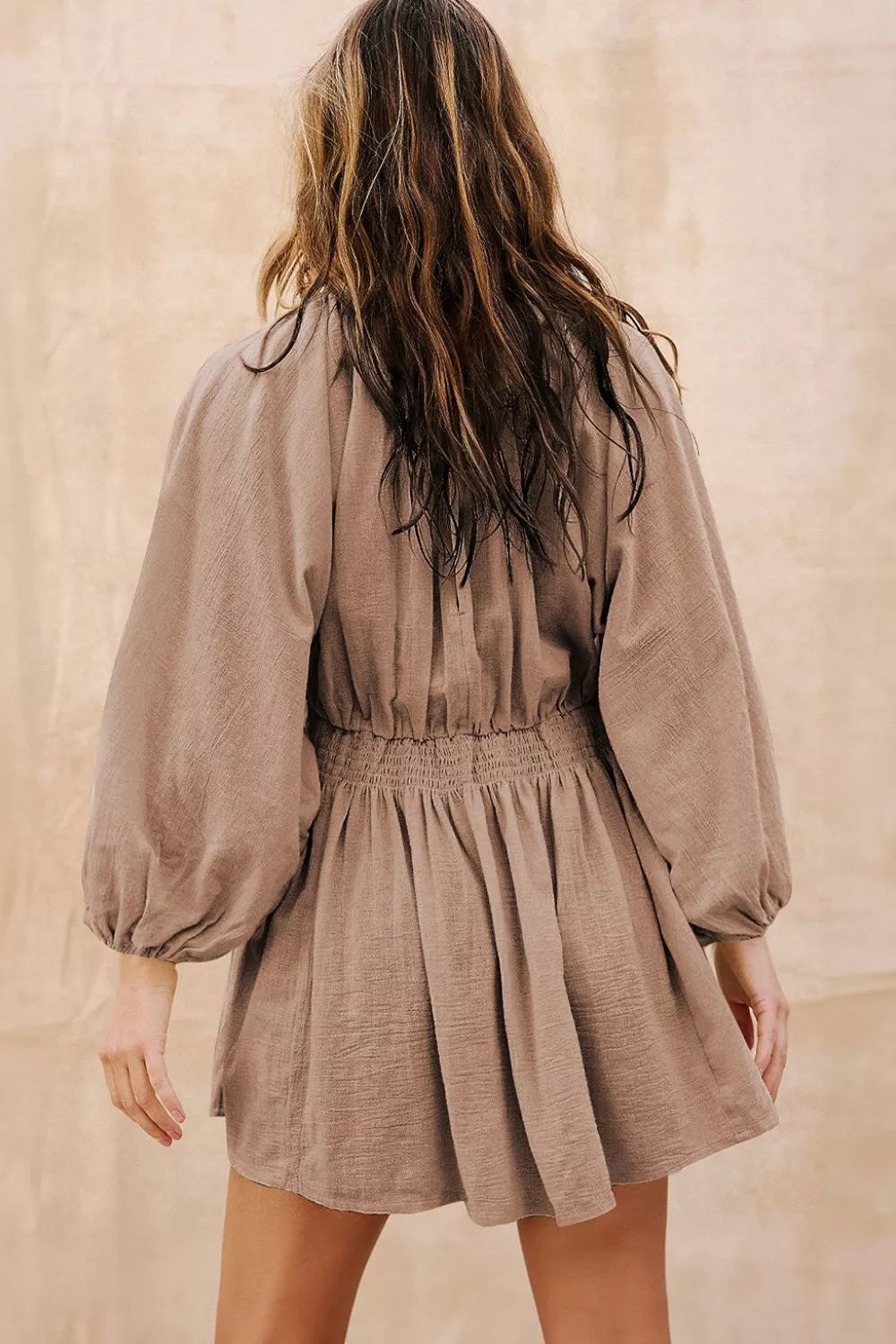 Smocked V-Neck Balloon Sleeve Dress