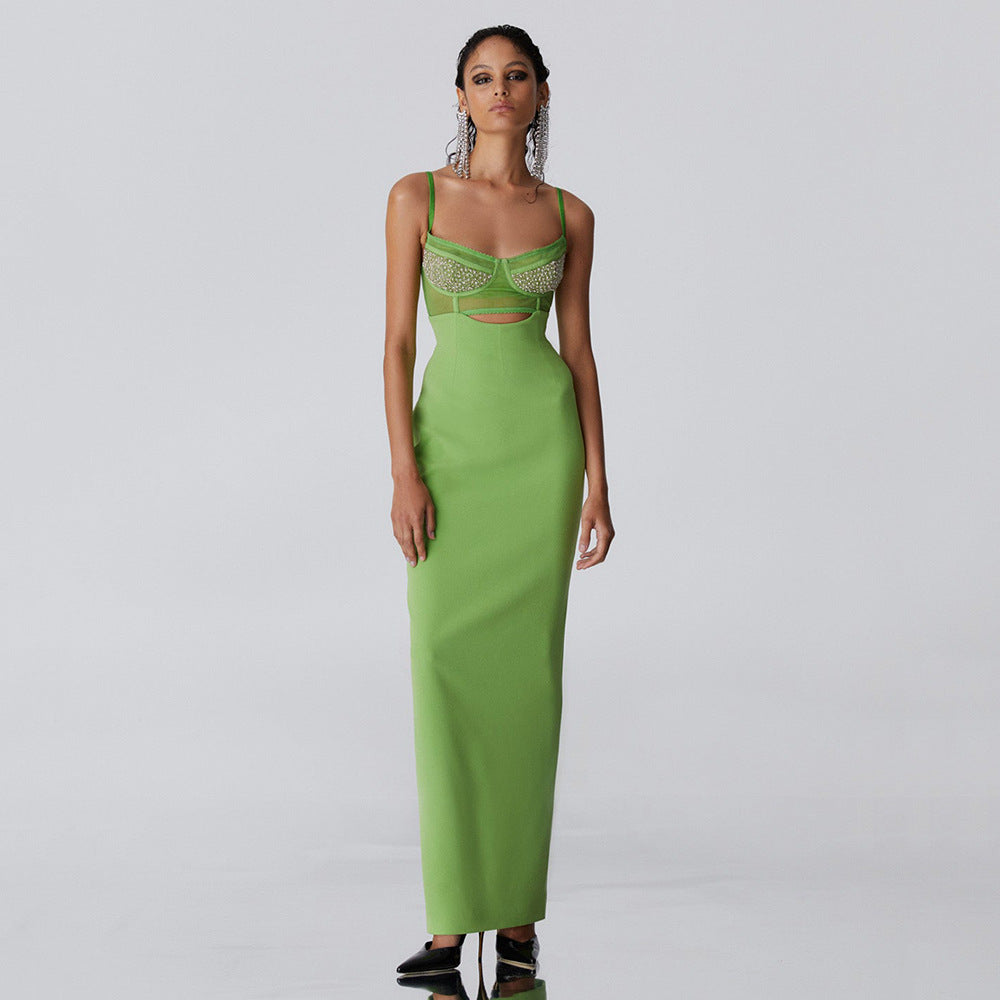 Long Non-back Hollow Diamond Knitted Sling Dress Aclosy