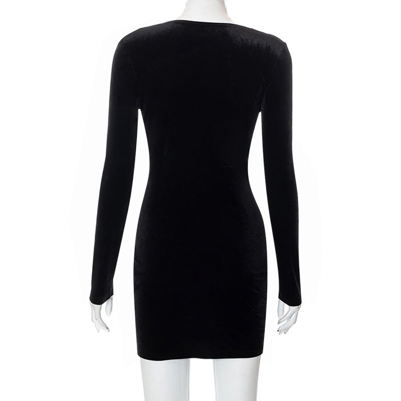 Solid Color Low Cut Long Sleeve Black Dress Aclosy