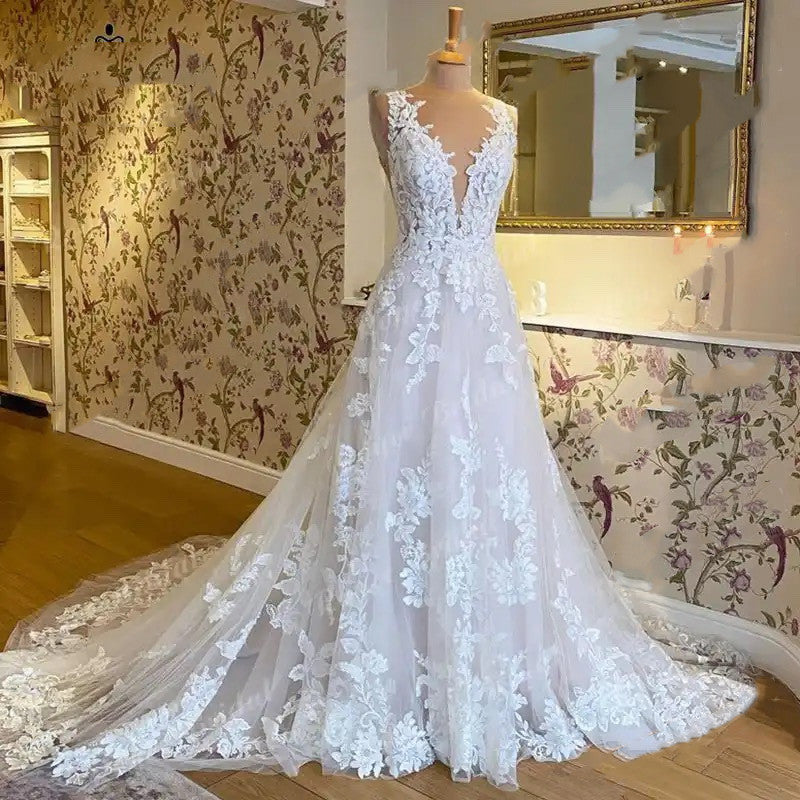 Women's Temperament Fashion Lace Applique Wedding Dress Aclosy