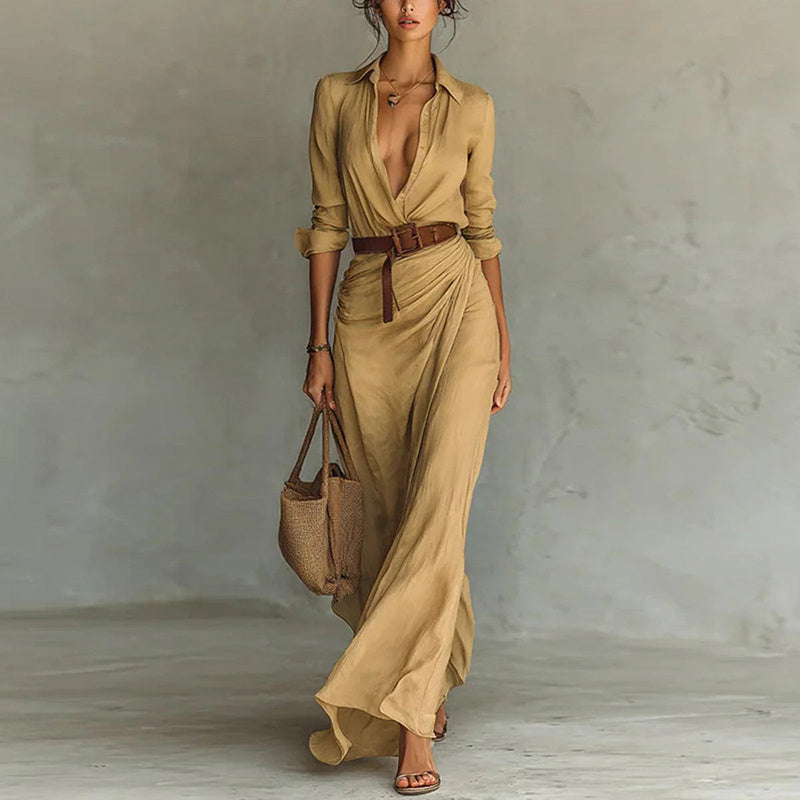 Women Long Sleeve Ruched Elegant Maxi Dress Button Down Shirt Long Dress With Belts Aclosy