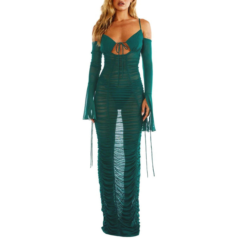 Long Sleeve Spaghetti-strap Dress V-neck Lace Up See-through Backless Aclosy