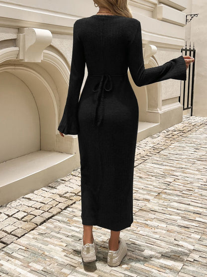 Devine Tied Round Neck Long Sleeve Midi Dress Trendsi