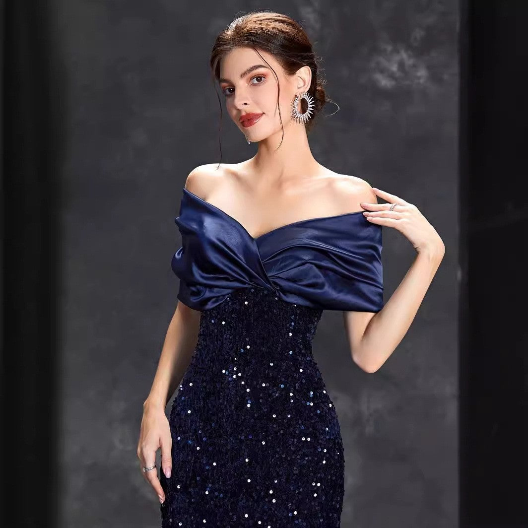 New Off-shoulder Evening Dress New Slim Fishtail Sexy Temperament Christmas Party Dress aclosy