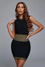 Women's Round Neck Bronzing Contrast Color Ultra Short Dress Aclosy