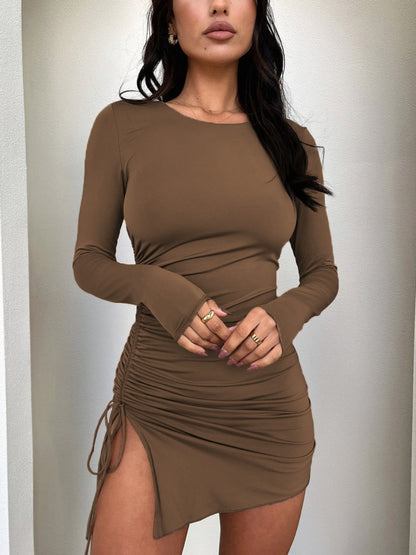 Side Drawstring Round Neck Long Sleeve Dress Trendsi