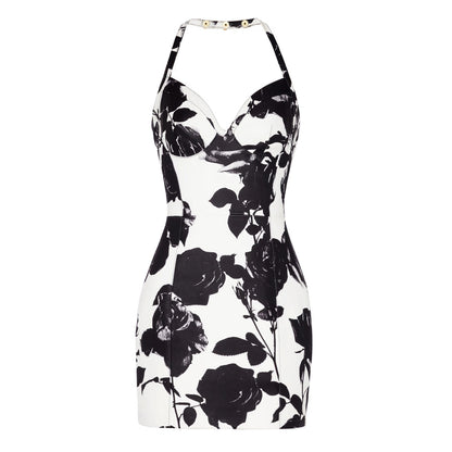 Women's Printed Slim Fit Sexy Halter Sling Dress aclosy