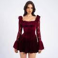 Hollow Long Sleeve Tied Short Skirt Square Collar Aclosy