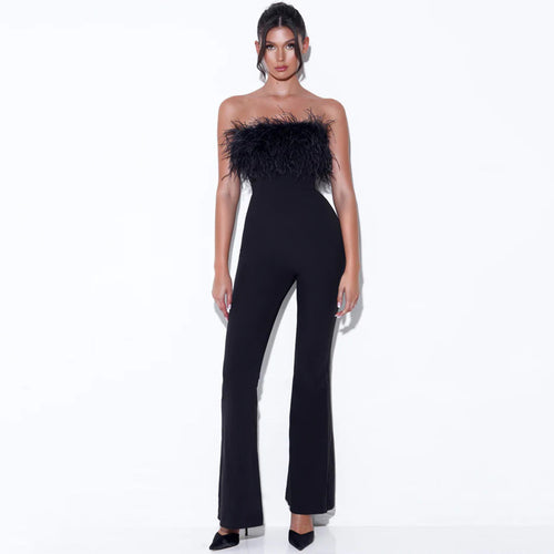 Tube Top Feather Bandage One-piece Temperament High Waist Stretchy Wide-leg Flared Pants Women's Clothing Aclosy