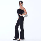 Tube Top Feather Bandage One-piece Temperament High Waist Stretchy Wide-leg Flared Pants Women's Clothing Aclosy