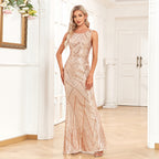 Women's Fashionable Sleeveless Round Neck Sparkling Evening Gown aclosy