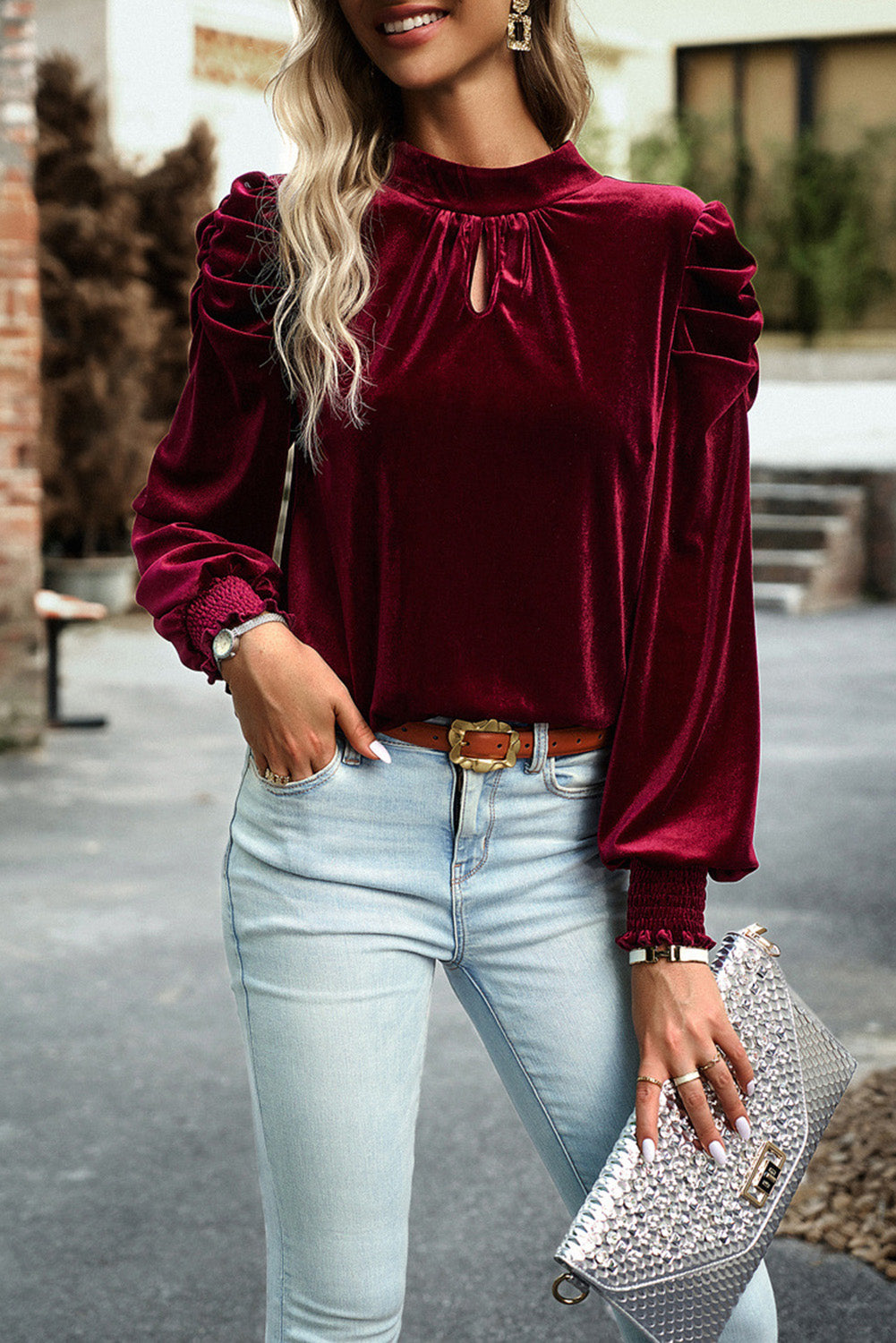 Tie Up Mock Neck Velvet Fabric Long Sleeve Blouse Trendsi