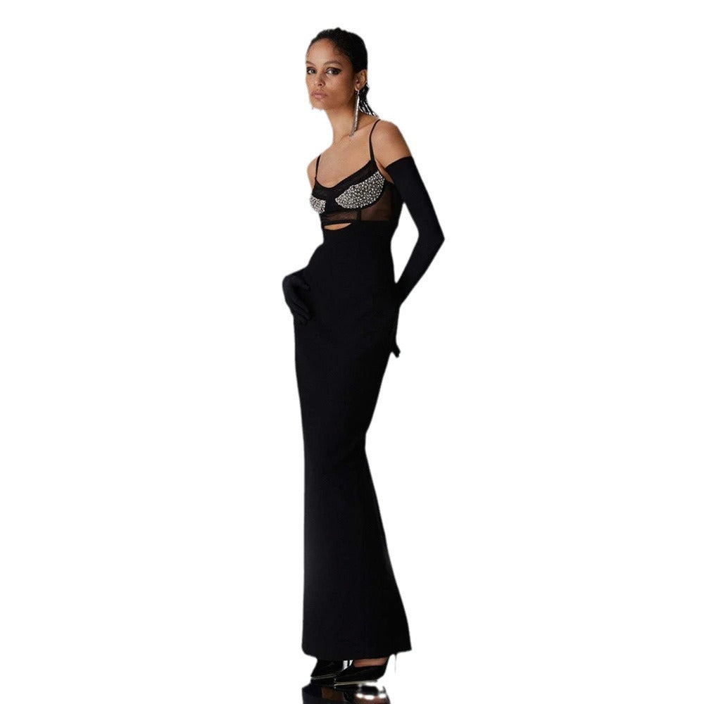 Long Non-back Hollow Diamond Knitted Sling Dress Aclosy