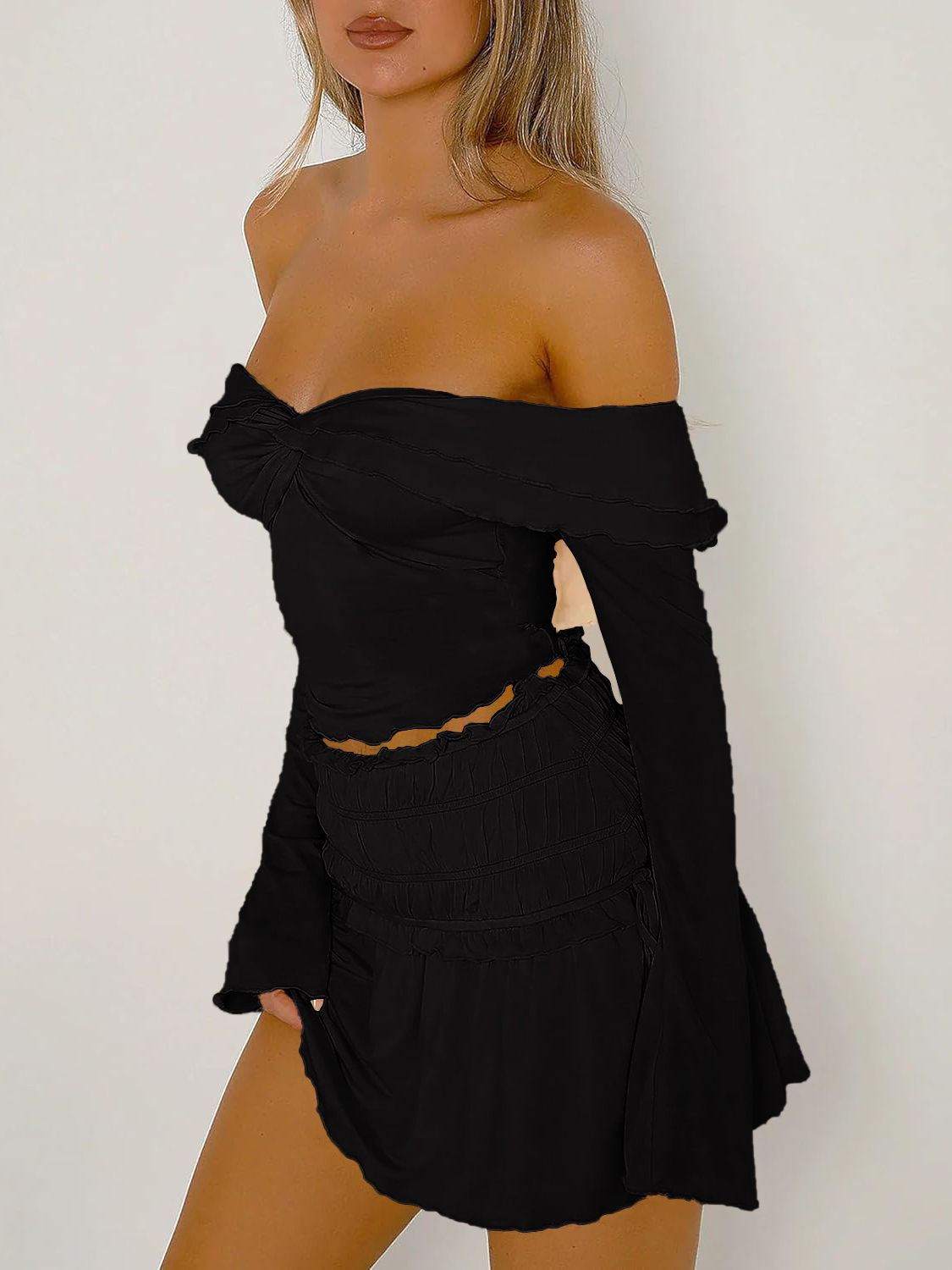 Devine Twisted Ruffled Off-Shoulder Long Sleeve T-Shirt Trendsi