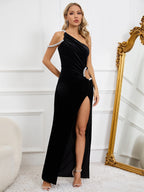 Women's One-shoulder Sleeveless Asymmetric Rhinestone Dress aclosy