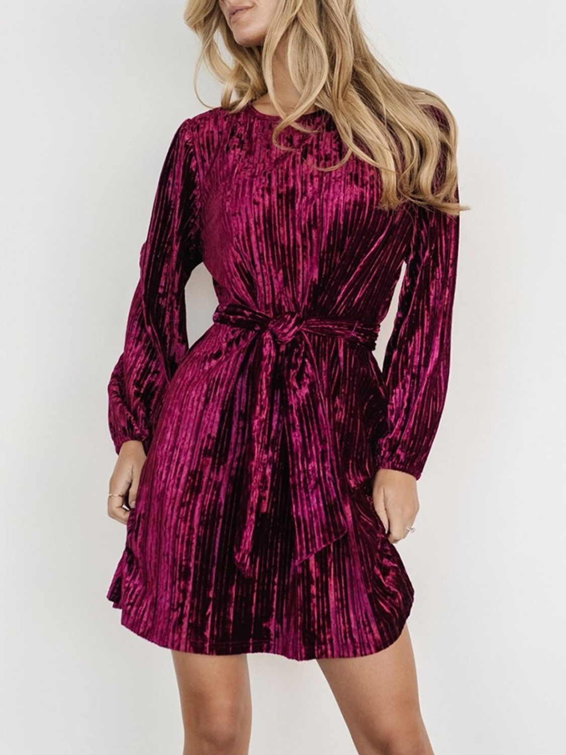 Velvet Round Neck Tie Waist Long Sleeve Mini Dress Trendsi