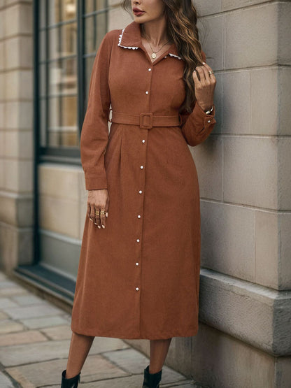 Perfee Lace Detail Collared Neck Long Sleeve Midi Dress Trendsi