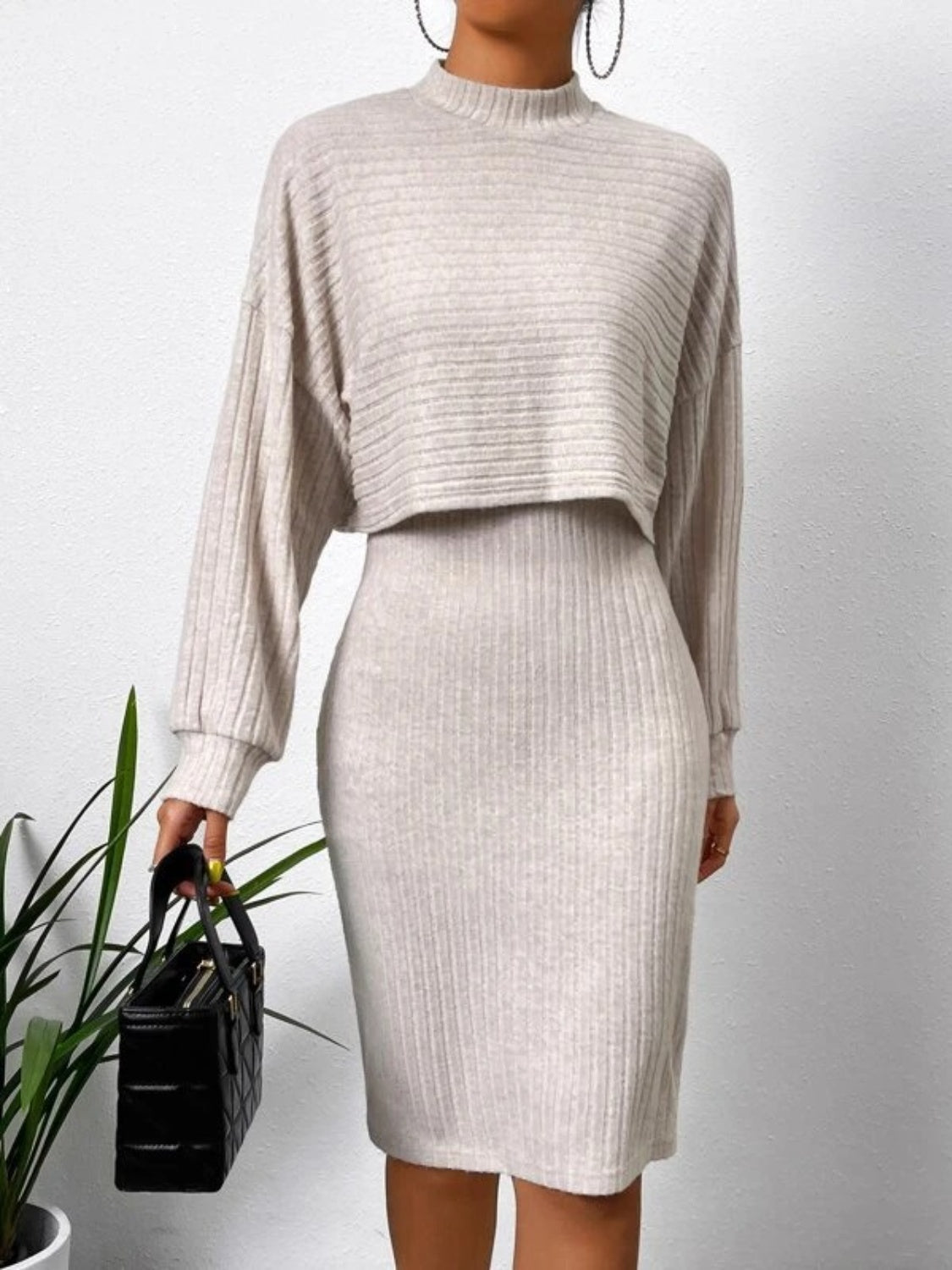 long sleeve strappy dress Mock Neck Long Sleeve Top and Wide Strap Dress Set – Aclosy