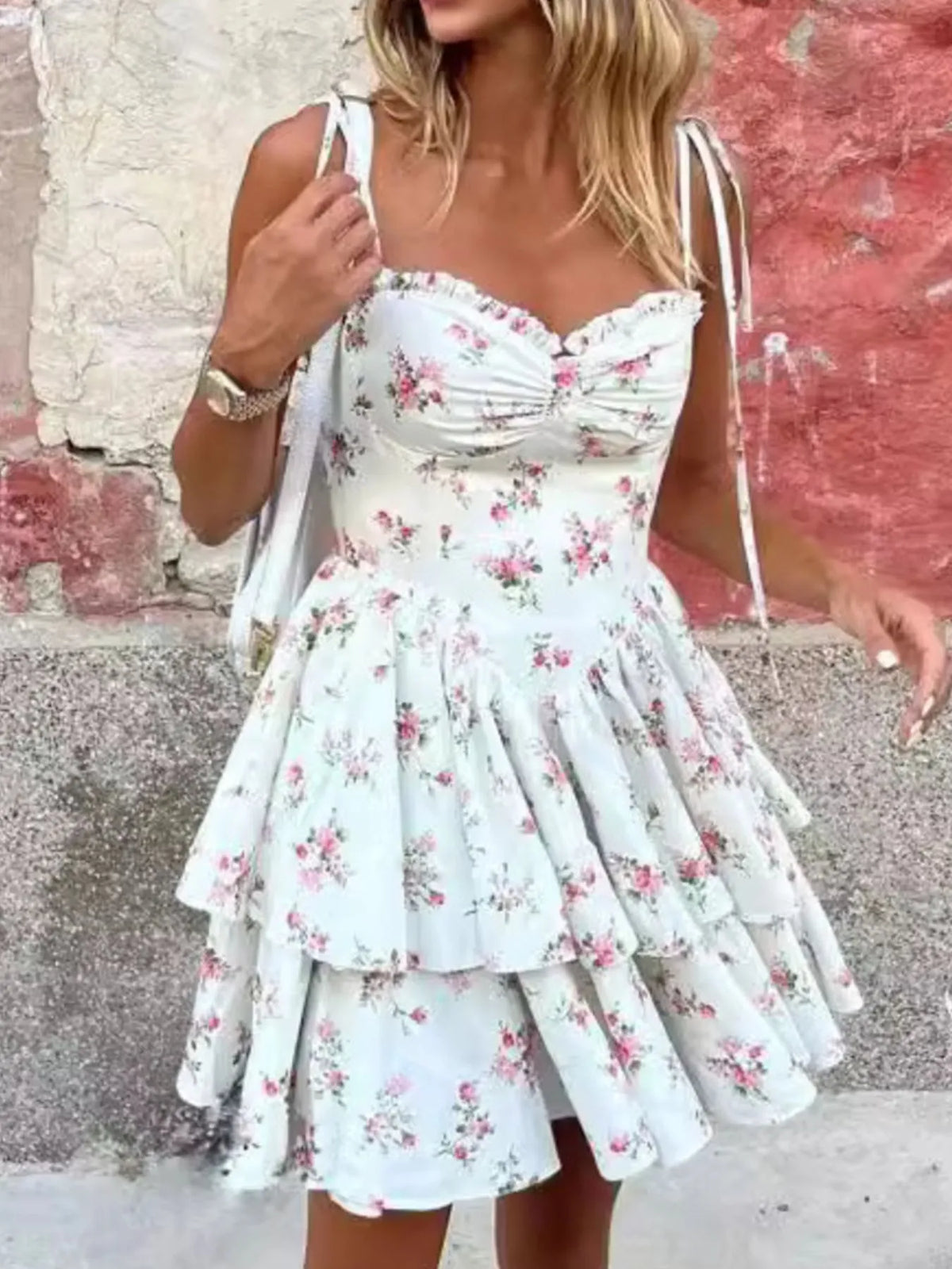 Floral Layered Cami Dress with Ruffle Details