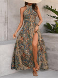 Women Print Maxi Dress High Waisted Cross Halter Neck With Tie Detail,Flowing Vacation Gown In Teal, Blue-Green & Brown Paisley   Pattern, Machine Washable, Summer Fashion Decorative Tie Detail Aclosy overseas