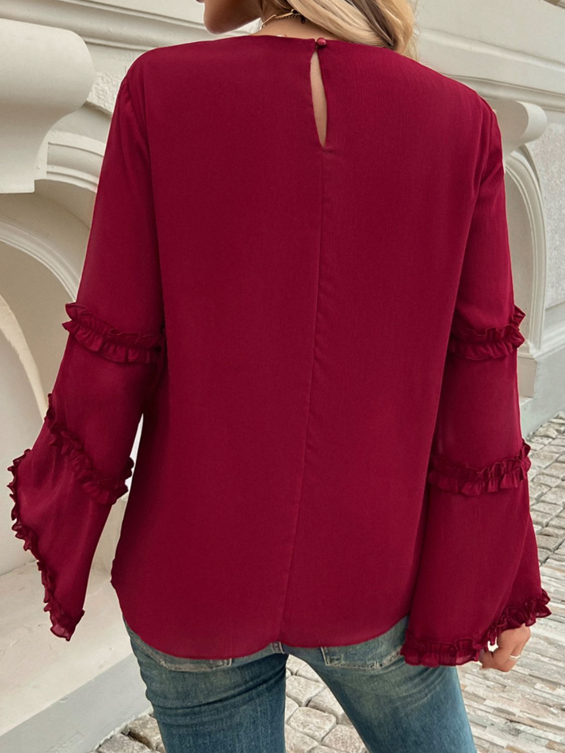 Devine Frill Round Neck Long Sleeve Top Trendsi