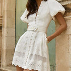 V-neck Puff Sleeve Single Breasted Belt Waist Trimming Short Dress Women aclosy