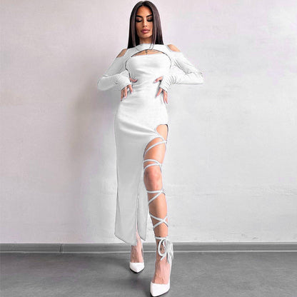 Women's Solid Color Long Sleeve Hollow-out Leggings Split Dress aclosy