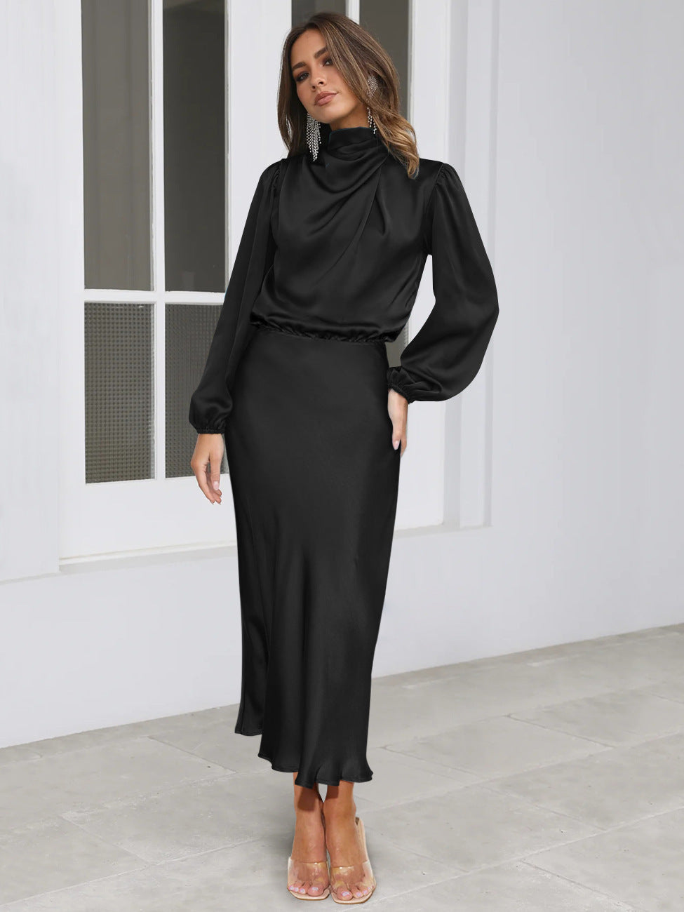 Elegant sleeved halter neck satin evening dress