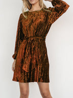 Velvet Round Neck Tie Waist Long Sleeve Mini Dress Trendsi