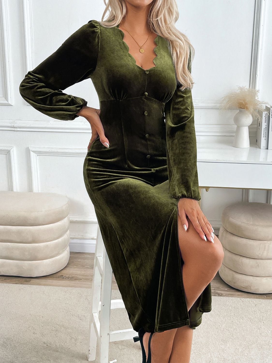 Perfee Slit V-Neck Long Sleeve Midi Dress Trendsi