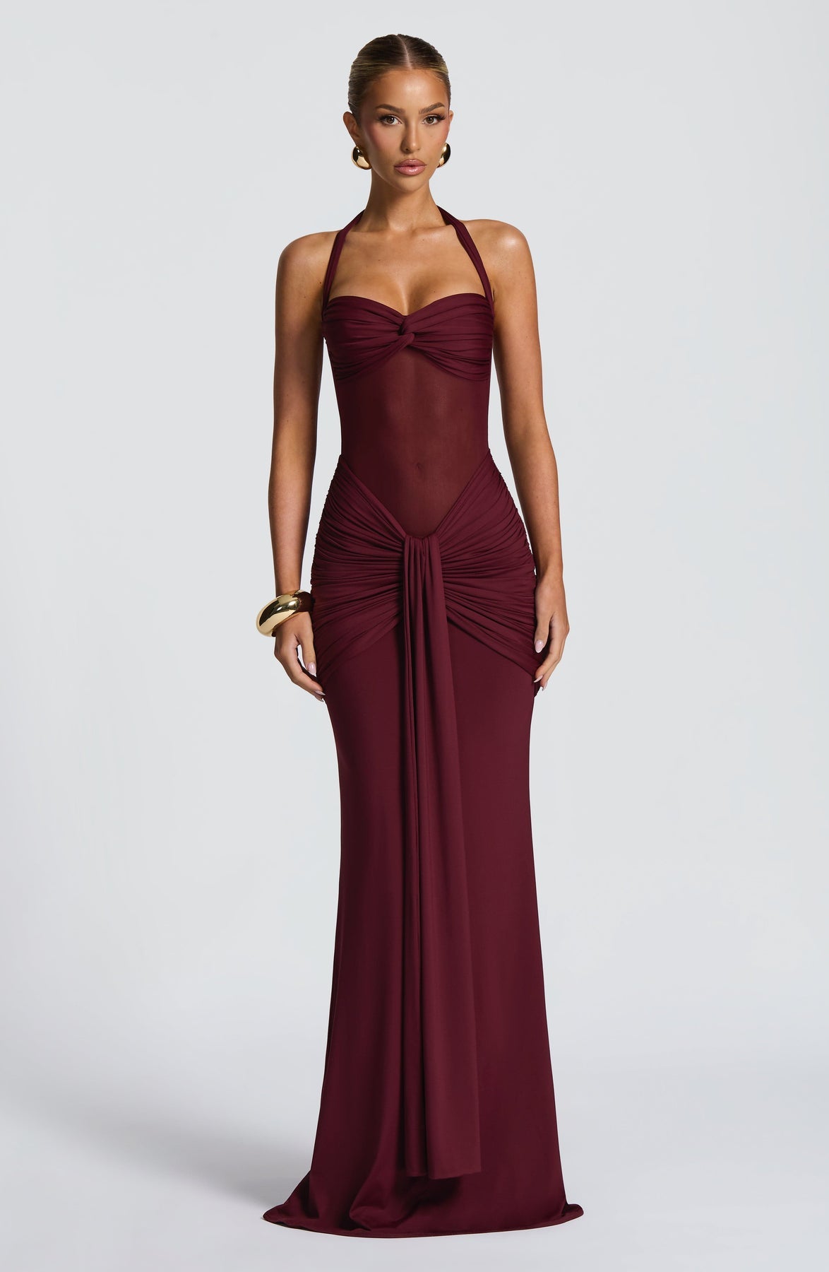 Halter Neck Backless Ruched Maxi Dress