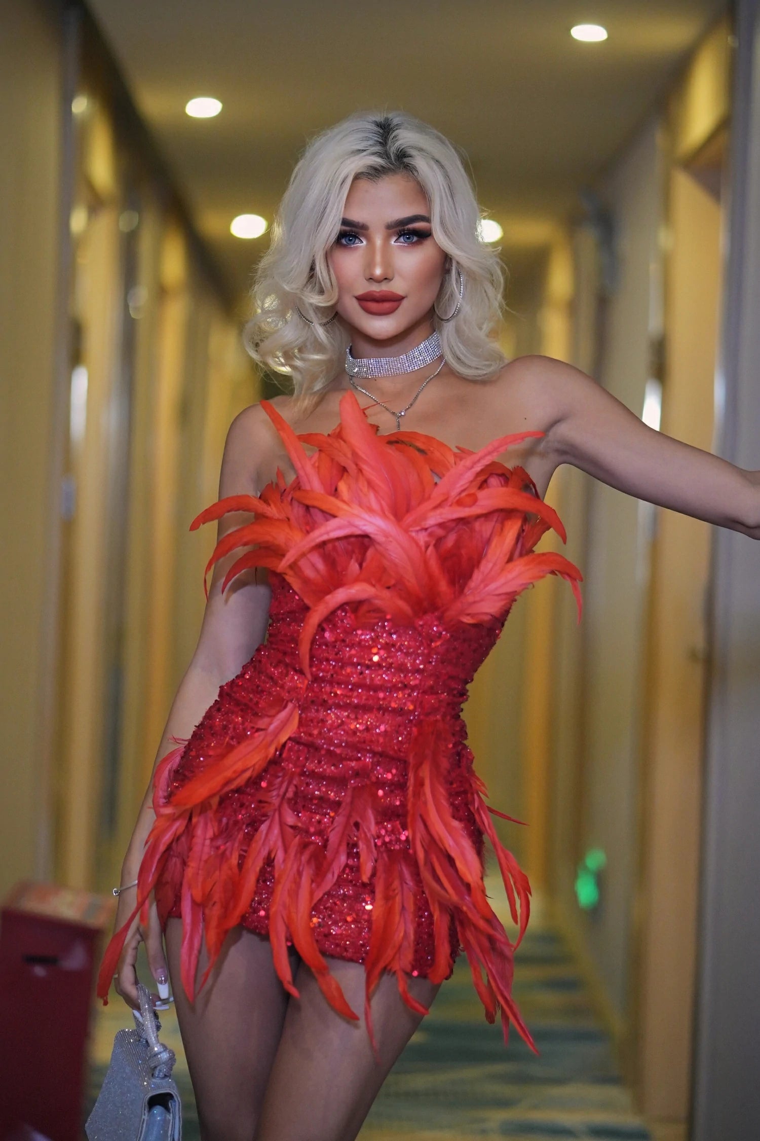 Red Paillette Feather Tube Top Hip Skirt Aclosy