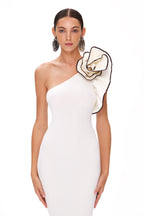 White One-shoulder Flower Black Hook Slim Fit Long Dress Aclosy