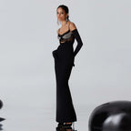Long Non-back Hollow Diamond Knitted Sling Dress Aclosy