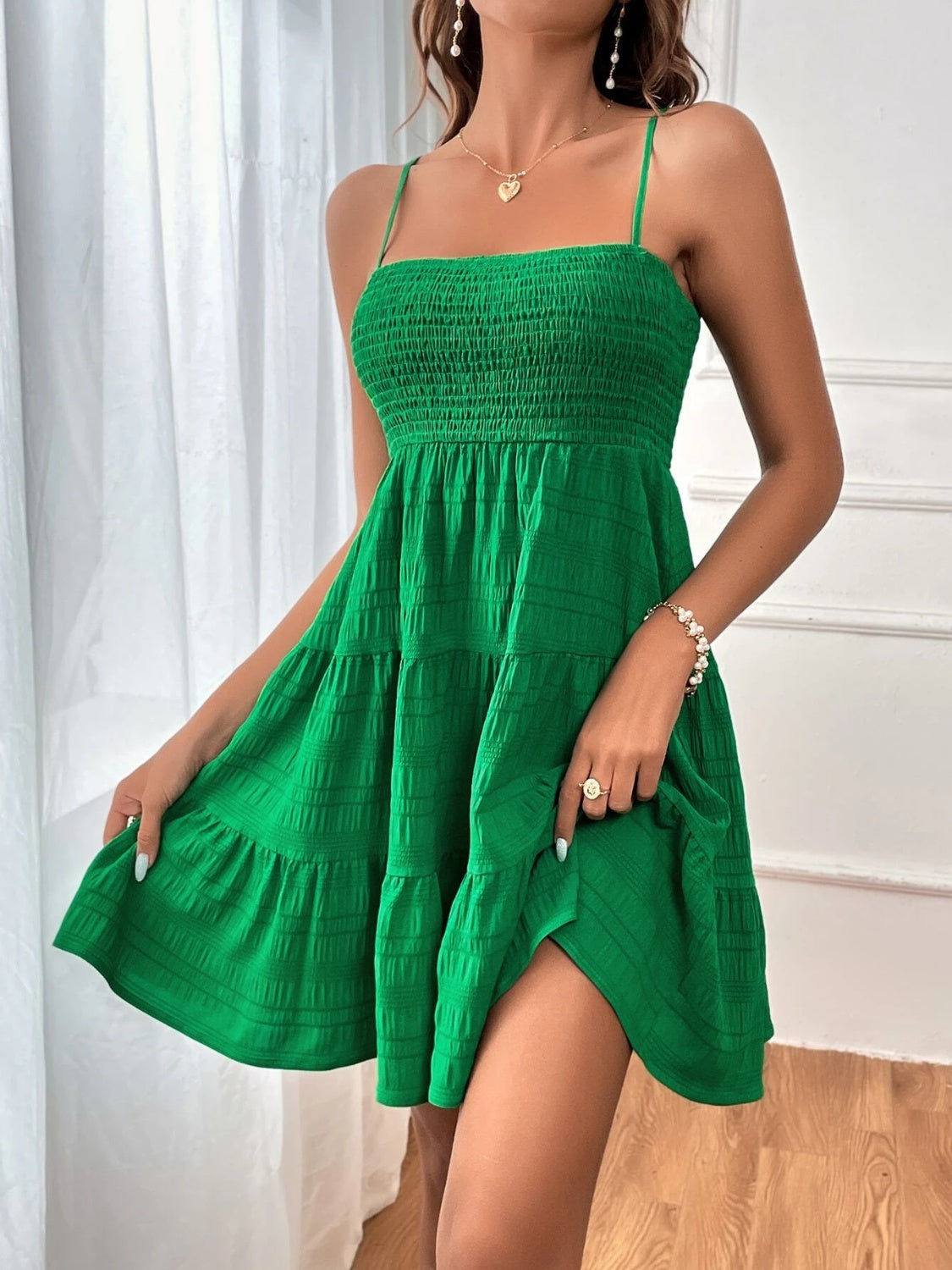 Smocked Tiered Sleeveless Mini Dress Trendsi