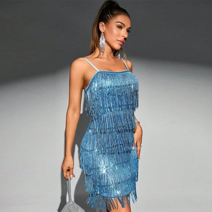 Sequined Suspender Tassel Cocktail Dress Party Dress Short Skirt